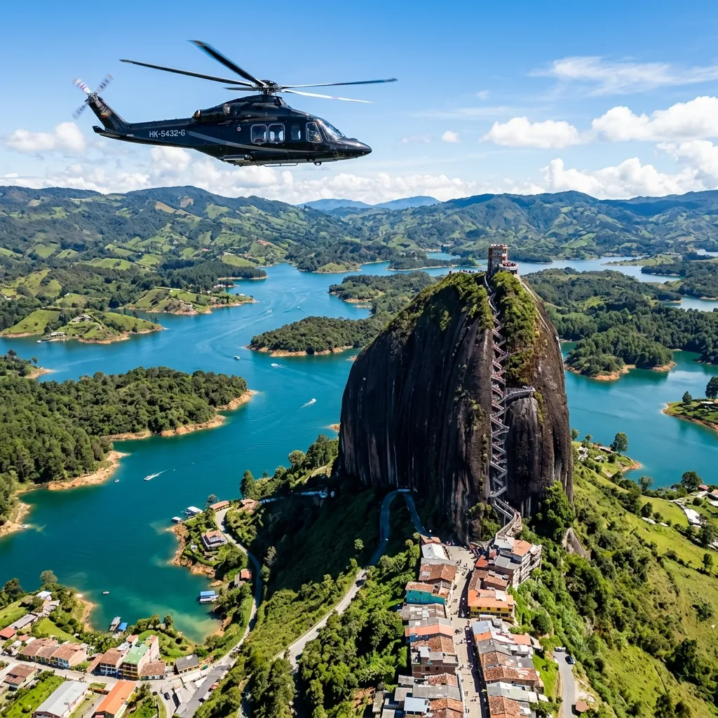 Helicóptero privado volando sobre la Piedra del Peñol y los lagos verdes del embalse de Guatapé en Antioquia, experiencia VIP por Threads Travel